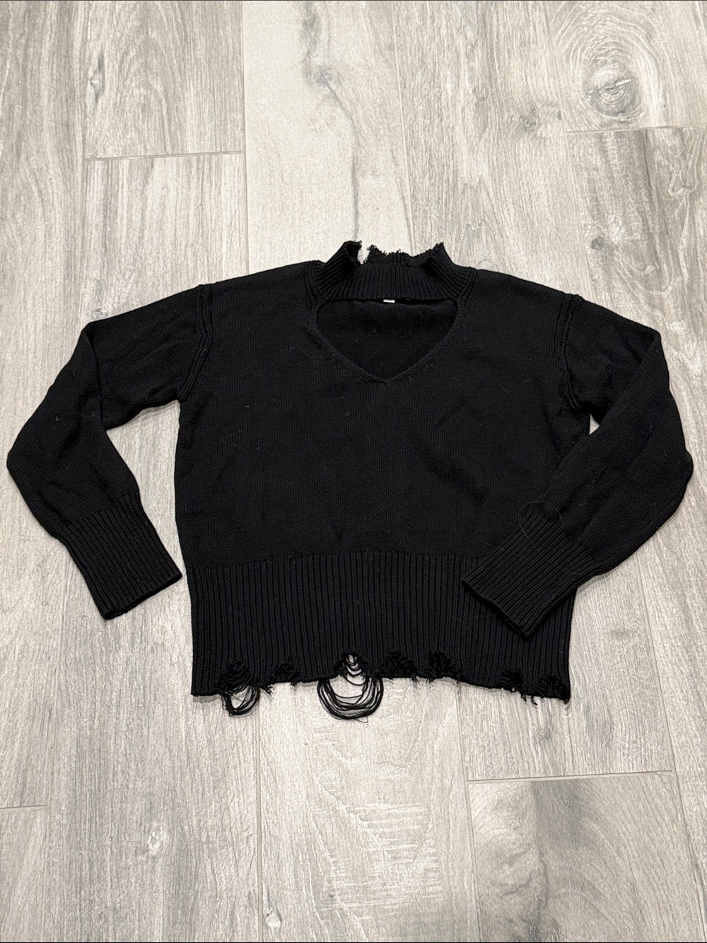 525 America Black Distressed V-Neck cut out Sweater-XS